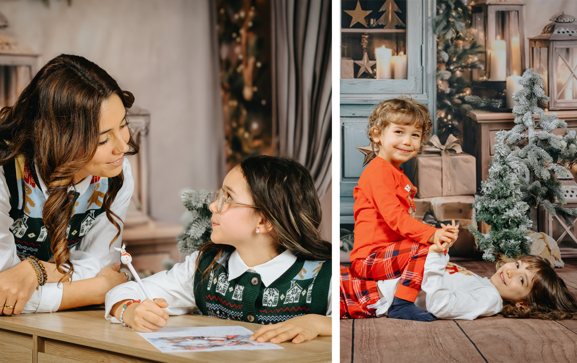 Sessão fotográfica de Natal 2026-1 santa Maria da Feira humberto Barbosa Fotografia Mãe e filho em sessão de Natal a escrever a letra ao Pai Natal. Dois irmãos na sala no dia de Natal.